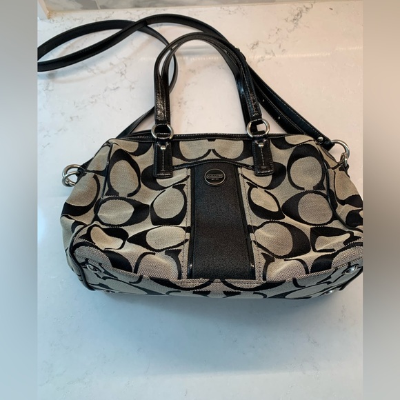 Coach Handbags - Coach Black Patent Leather White Logo Jacquard Bag